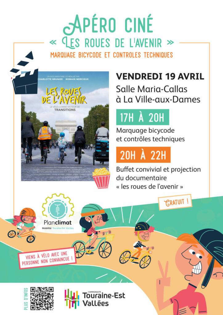 Affiche de l'apéro-ciné "Les roues de l'avenir", le vendredi 19 avril 2024 à La Ville-aux-Dames. @Communauté de communes Touraine Est Vallées