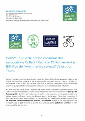 Communiqué de presse commun des associations Collectif Cycliste 37, Roulement à Bill, Rue de l’Avenir et du collectif Vélorution Tours